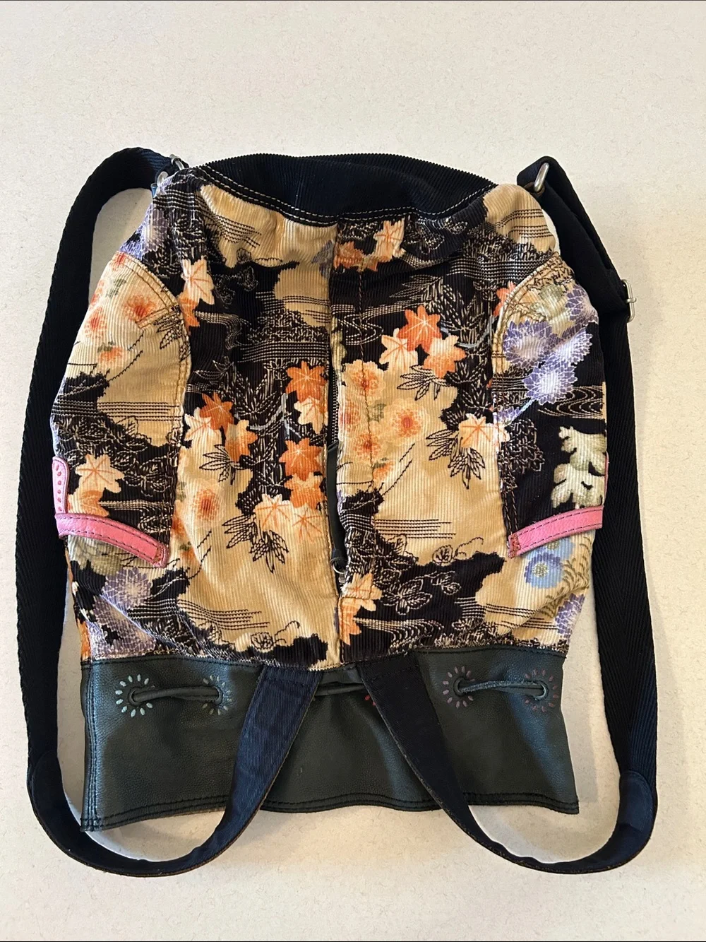 Lucky Brand Floral Leather Drawstring Backpack Sling Bag Shoulder Bag Crossbody